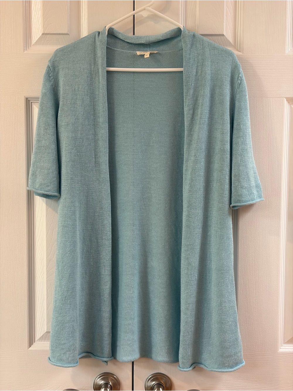 Eileen Fisher Light Blue Short Sleeve Linen Open Front Cardigan Size XS